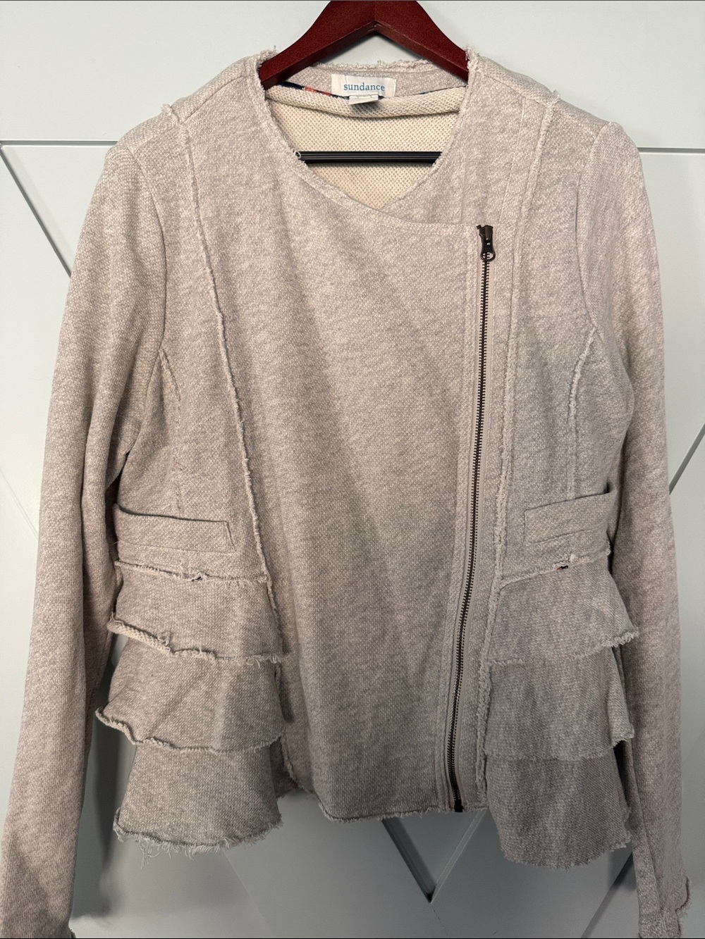 Sundance Light Cream Asymmetric Ruffle Zip Jacket
